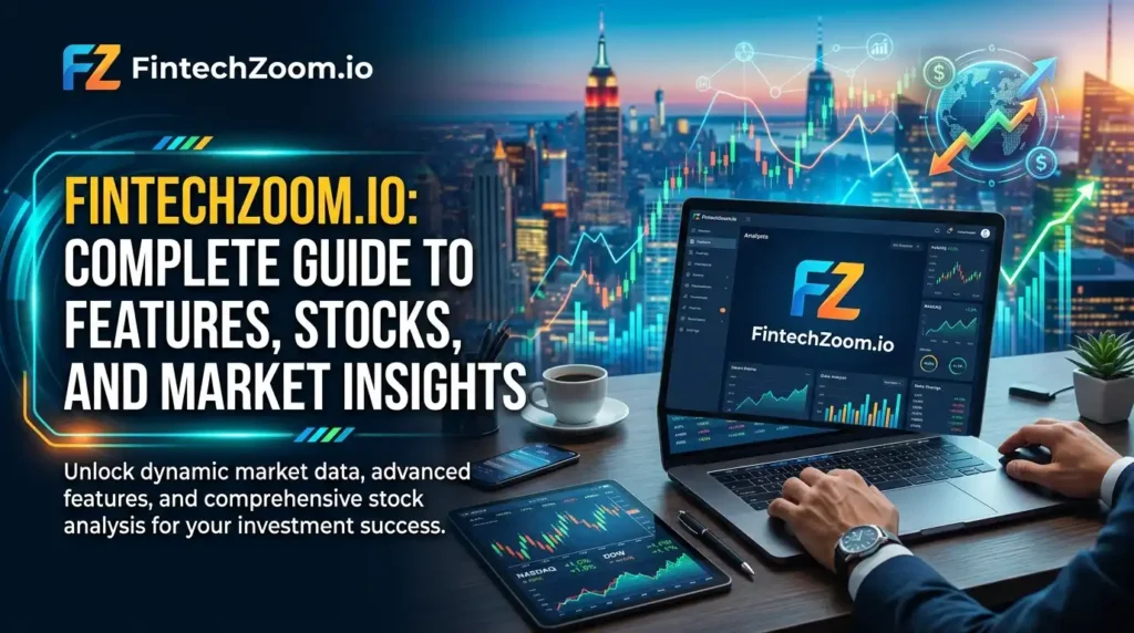 FintechZoom.io dashboard displaying stock market data, financial news, investment tools, cryptocurrency trends