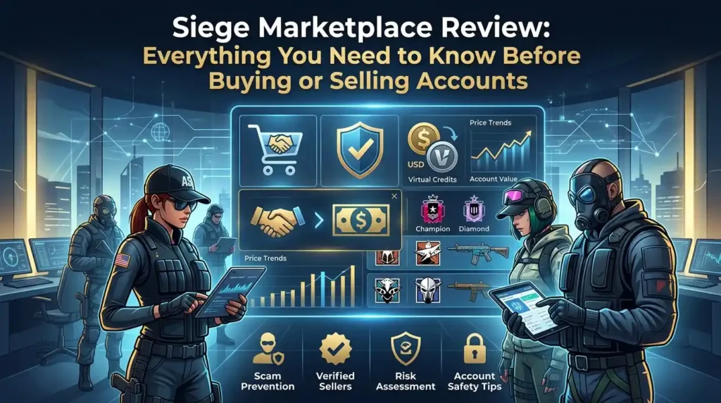 Siege Marketplace interface displaying gaming account listings, account details, seller ratings, prices, and secure trading features.